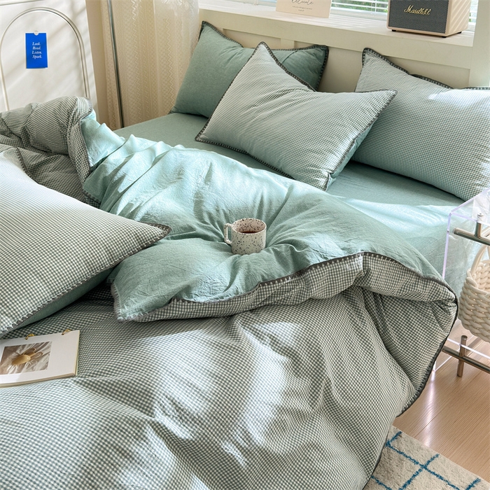 91家纺网 家纺一手货源 找家纺 晚依家纺 2025新款A类全棉色织水洗棉被套单件格子条纹四件套学生宿舍被罩三件套定制定做 遇见-草绿