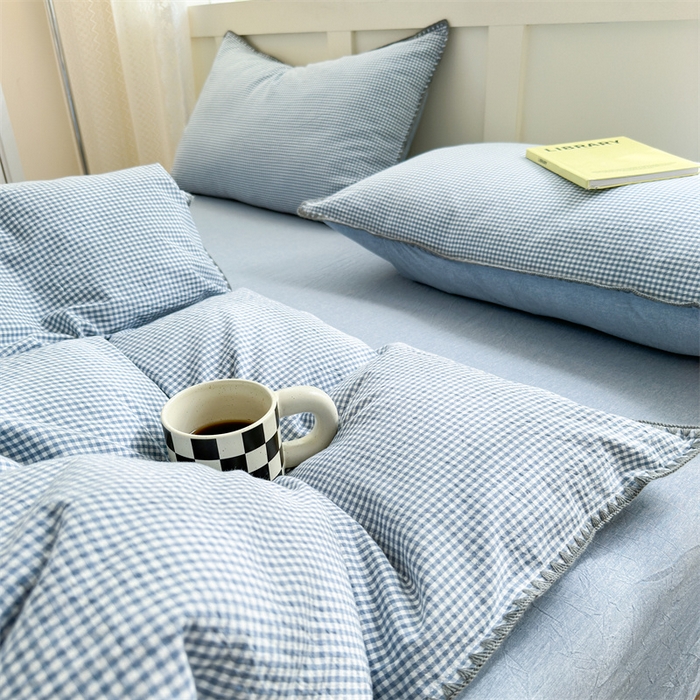 91家纺网 家纺一手货源 找家纺 晚依家纺 2025新款A类全棉色织水洗棉被套单件格子条纹四件套学生宿舍被罩三件套定制定做 遇见-浅蓝