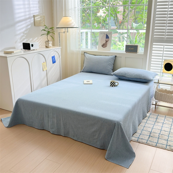 91家纺网 家纺一手货源 找家纺 晚依家纺 2025新款A类全棉色织水洗棉被套单件格子条纹四件套学生宿舍被罩三件套定制定做 遇见-浅蓝