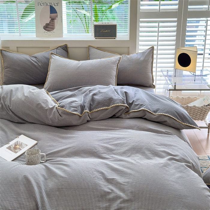 91家纺网 家纺一手货源 找家纺 晚依家纺 2025新款A类全棉色织水洗棉被套单件格子条纹四件套学生宿舍被罩三件套定制定做 遇见-中灰