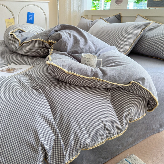 91家纺网 家纺一手货源 找家纺 晚依家纺 2025新款A类全棉色织水洗棉被套单件格子条纹四件套学生宿舍被罩三件套定制定做 遇见-中灰