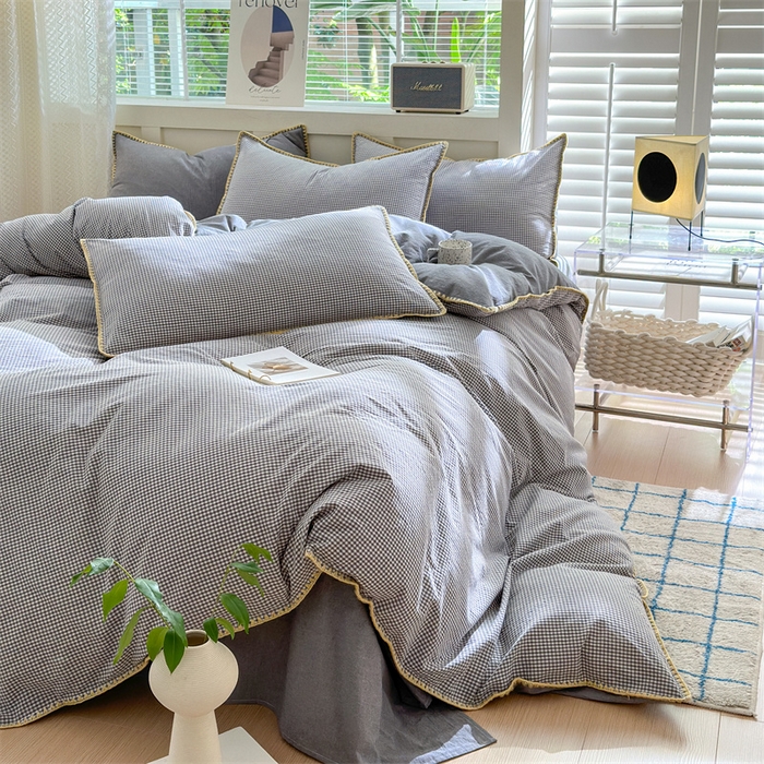 91家纺网 家纺一手货源 找家纺 晚依家纺 2025新款A类全棉色织水洗棉被套单件格子条纹四件套学生宿舍被罩三件套定制定做 遇见-中灰