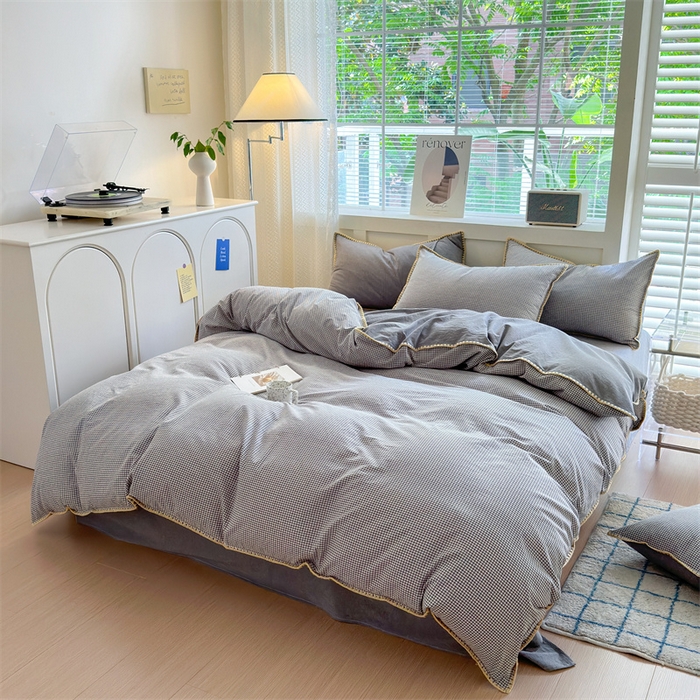 91家纺网 家纺一手货源 找家纺 晚依家纺 2025新款A类全棉色织水洗棉被套单件格子条纹四件套学生宿舍被罩三件套定制定做 遇见-中灰