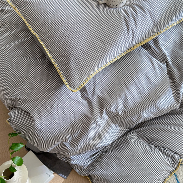 91家纺网 家纺一手货源 找家纺 晚依家纺 2025新款A类全棉色织水洗棉被套单件格子条纹四件套学生宿舍被罩三件套定制定做 遇见-中灰