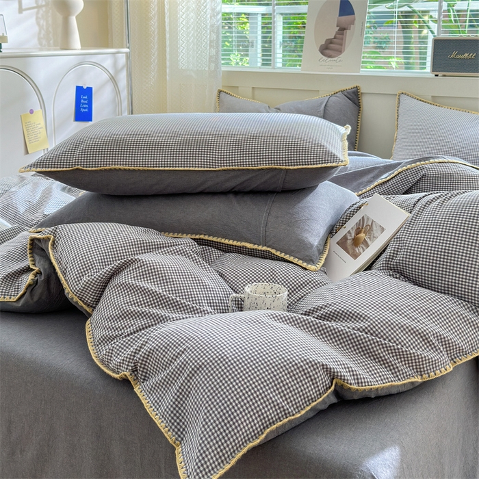 91家纺网 家纺一手货源 找家纺 晚依家纺 2025新款A类全棉色织水洗棉被套单件格子条纹四件套学生宿舍被罩三件套定制定做 遇见-中灰