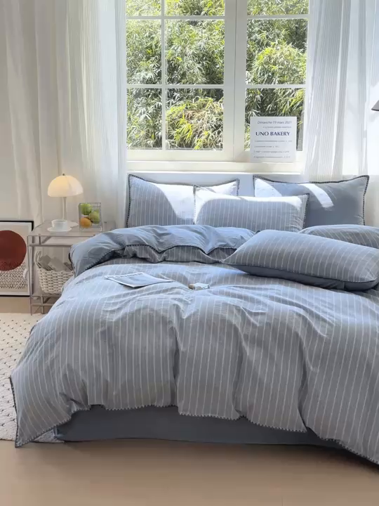 91家纺网 家纺一手货源 找家纺 （总）晚依家纺 2025新款A类全棉色织水洗棉被套单件格子条纹四件套学生宿舍被罩三件套定制定做