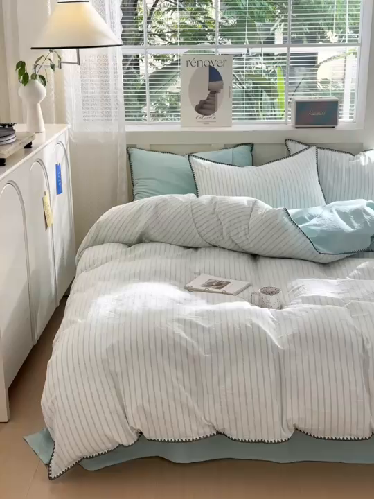 91家纺网 家纺一手货源 找家纺 晚依家纺 2025新款A类全棉色织水洗棉被套单件格子条纹四件套学生宿舍被罩三件套定制定做 诺言-蓝