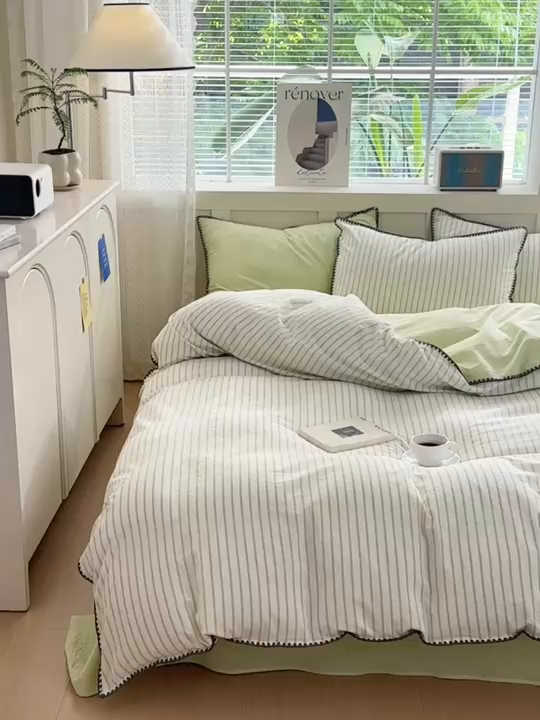 91家纺网 家纺一手货源 找家纺 晚依家纺 2025新款A类全棉色织水洗棉被套单件格子条纹四件套学生宿舍被罩三件套定制定做 诺言-绿