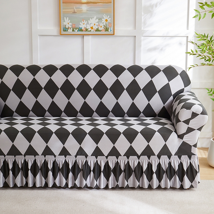 91家纺网 家纺一手货源 找家纺 共鸣沙发套 2025新款牛奶丝系列沙发套（裙摆款）记忆格