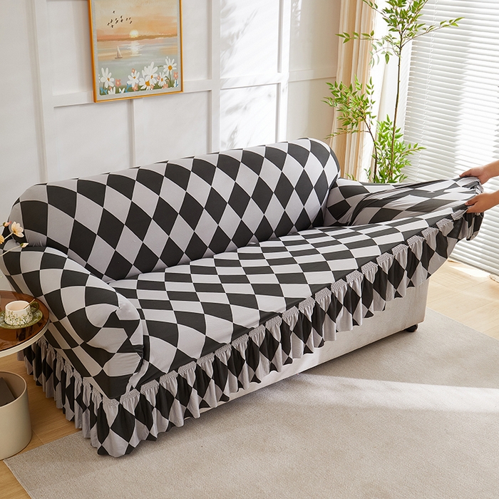 91家纺网 家纺一手货源 找家纺 共鸣沙发套 2025新款牛奶丝系列沙发套（裙摆款）记忆格