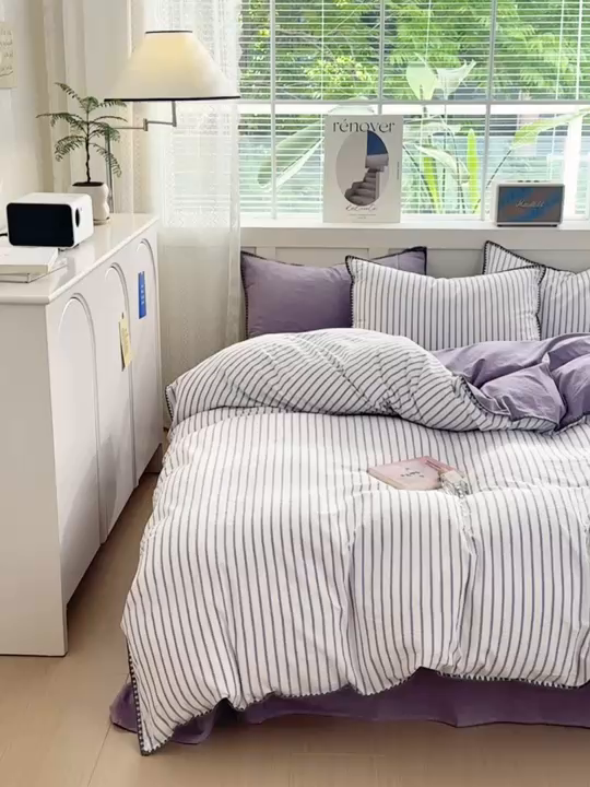 91家纺网 家纺一手货源 找家纺 晚依家纺 2025新款A类全棉色织水洗棉被套单件格子条纹四件套学生宿舍被罩三件套定制定做 诺言-紫