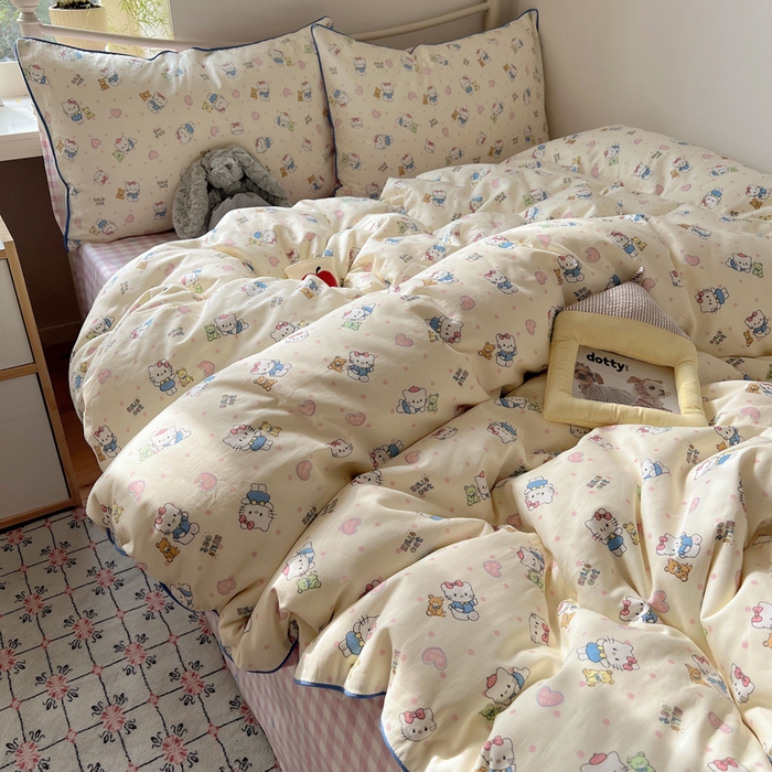 91家纺网 家纺一手货源 找家纺 六巷胡同 2025新款40S全棉纯棉INS童趣可爱风卡通嵌绳款四件套 嵌绳乖巧哈喽猫
