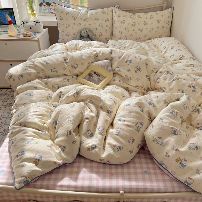 91家纺网 家纺一手货源 找家纺 六巷胡同 2025新款40S全棉纯棉INS童趣可爱风卡通嵌绳款四件套 嵌绳乖巧哈喽猫