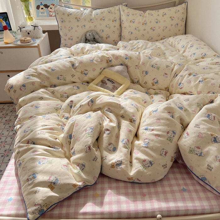 91家纺网 家纺一手货源 找家纺 六巷胡同 2025新款40S全棉纯棉INS童趣可爱风卡通嵌绳款四件套 嵌绳乖巧哈喽猫