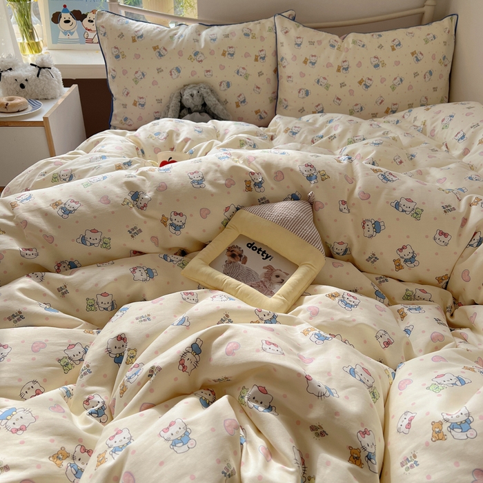 91家纺网 家纺一手货源 找家纺 六巷胡同 2025新款40S全棉纯棉INS童趣可爱风卡通嵌绳款四件套 嵌绳乖巧哈喽猫