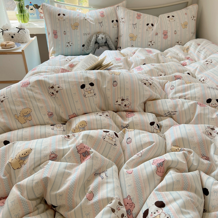 91家纺网 家纺一手货源 找家纺 六巷胡同 2025新款40S全棉纯棉INS童趣可爱风卡通嵌绳款四件套 嵌绳甜品咖啡猫