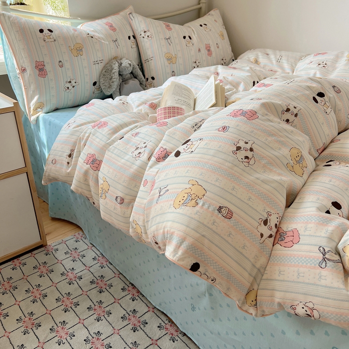 91家纺网 家纺一手货源 找家纺 六巷胡同 2025新款40S全棉纯棉INS童趣可爱风卡通嵌绳款四件套 嵌绳甜品咖啡猫