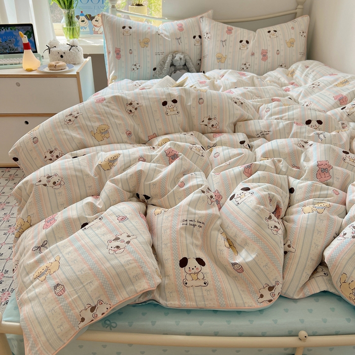 六巷胡同 2025新款40S全棉纯棉INS童趣可爱风卡通嵌绳款四件套 嵌绳甜品咖啡猫