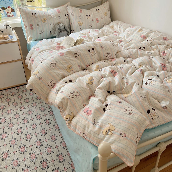 91家纺网 家纺一手货源 找家纺 六巷胡同 2025新款40S全棉纯棉INS童趣可爱风卡通嵌绳款四件套 嵌绳甜品咖啡猫