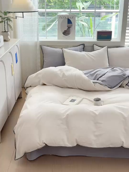 91家纺网 家纺一手货源 找家纺 晚依家纺 2025新款A类全棉色织水洗棉被套单件格子条纹四件套学生宿舍被罩三件套定制定做 时光-米灰