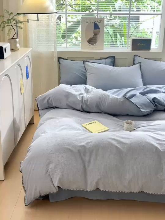 91家纺网 家纺一手货源 找家纺 晚依家纺 2025新款A类全棉色织水洗棉被套单件格子条纹四件套学生宿舍被罩三件套定制定做 时光-浅蓝
