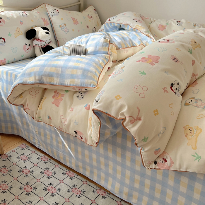 91家纺网 家纺一手货源 找家纺 六巷胡同 2025新款40S全棉纯棉INS童趣可爱风卡通嵌绳款四件套 嵌绳趣味调皮犬