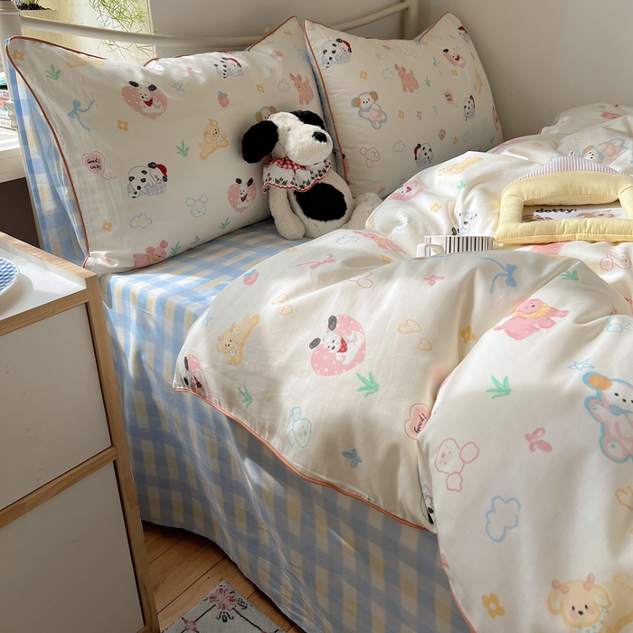 91家纺网 家纺一手货源 找家纺 六巷胡同 2025新款40S全棉纯棉INS童趣可爱风卡通嵌绳款四件套 嵌绳趣味调皮犬