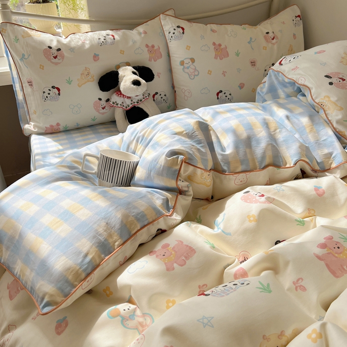 91家纺网 家纺一手货源 找家纺 六巷胡同 2025新款40S全棉纯棉INS童趣可爱风卡通嵌绳款四件套 嵌绳趣味调皮犬