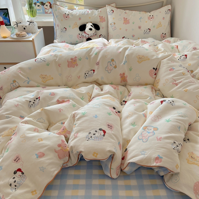 91家纺网 家纺一手货源 找家纺 六巷胡同 2025新款40S全棉纯棉INS童趣可爱风卡通嵌绳款四件套 嵌绳趣味调皮犬