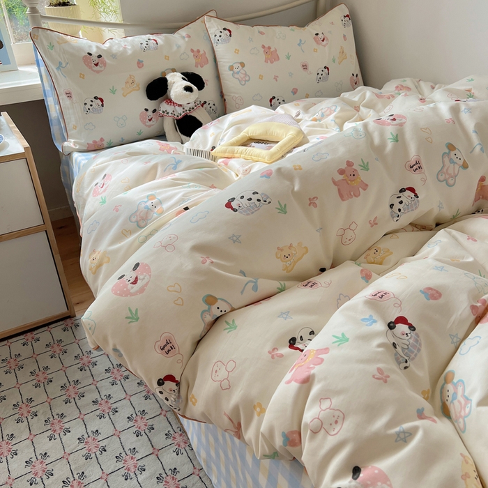 91家纺网 家纺一手货源 找家纺 六巷胡同 2025新款40S全棉纯棉INS童趣可爱风卡通嵌绳款四件套 嵌绳趣味调皮犬