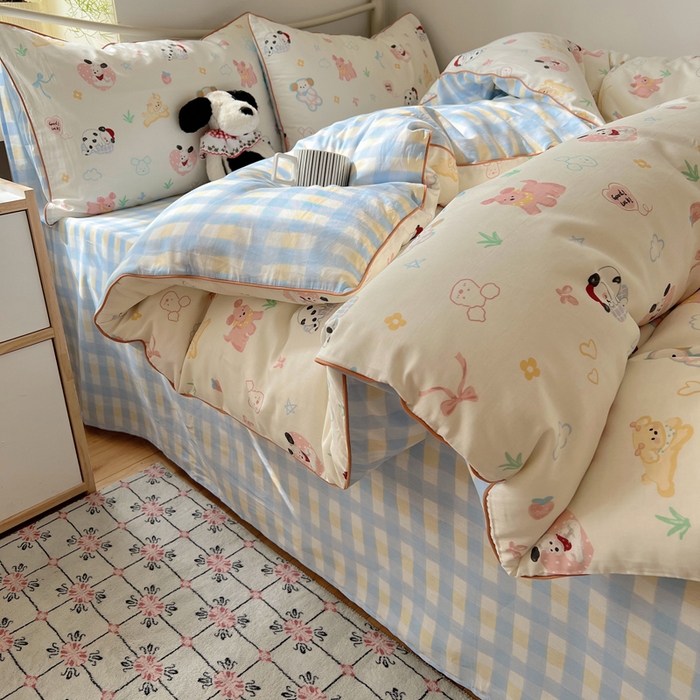 91家纺网 家纺一手货源 找家纺 六巷胡同 2025新款40S全棉纯棉INS童趣可爱风卡通嵌绳款四件套 嵌绳趣味调皮犬