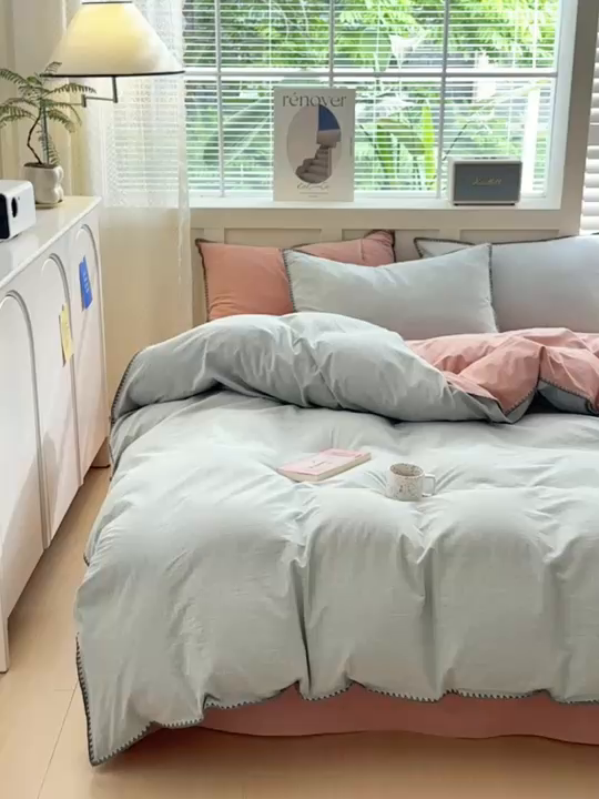 91家纺网 家纺一手货源 找家纺 晚依家纺 2025新款A类全棉色织水洗棉被套单件格子条纹四件套学生宿舍被罩三件套定制定做 星语-绿豆沙