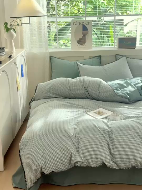 91家纺网 家纺一手货源 找家纺 晚依家纺 2025新款A类全棉色织水洗棉被套单件格子条纹四件套学生宿舍被罩三件套定制定做 遇见-草绿