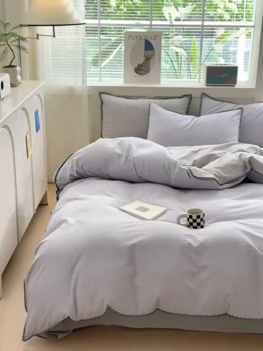 91家纺网 家纺一手货源 找家纺 晚依家纺 2025新款A类全棉色织水洗棉被套单件格子条纹四件套学生宿舍被罩三件套定制定做 星语-浅灰