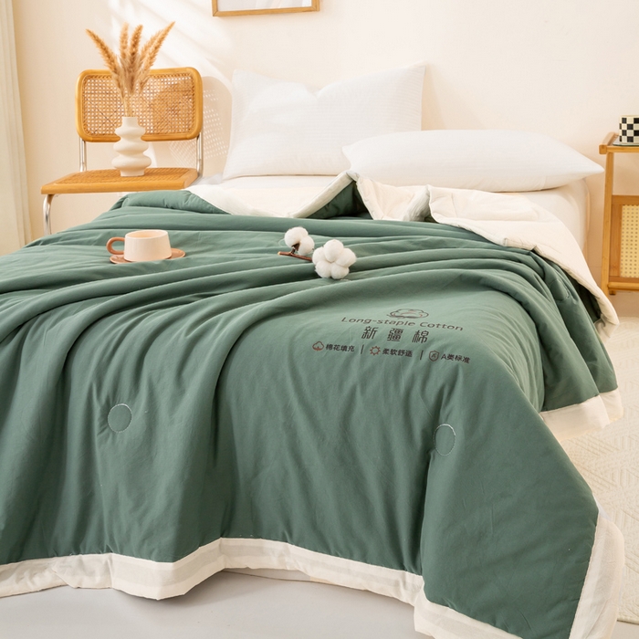 91家纺网 家纺一手货源 找家纺 梦初语 2025新款A类母婴水洗棉纯色双拼新疆棉花夏凉被可机洗直播爆单夏被 墨绿