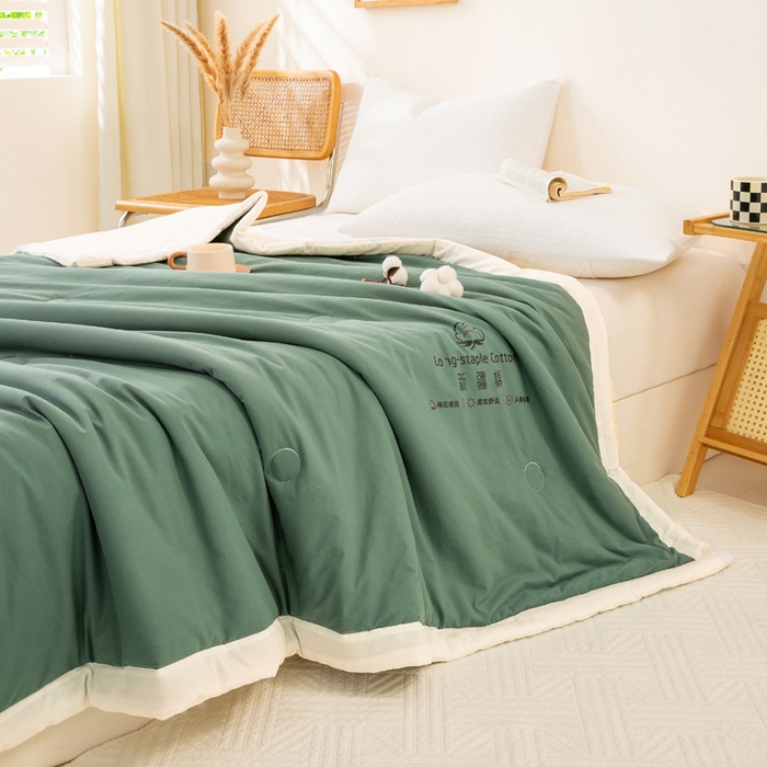 91家纺网 家纺一手货源 找家纺 梦初语 2025新款A类母婴水洗棉纯色双拼新疆棉花夏凉被可机洗直播爆单夏被 墨绿