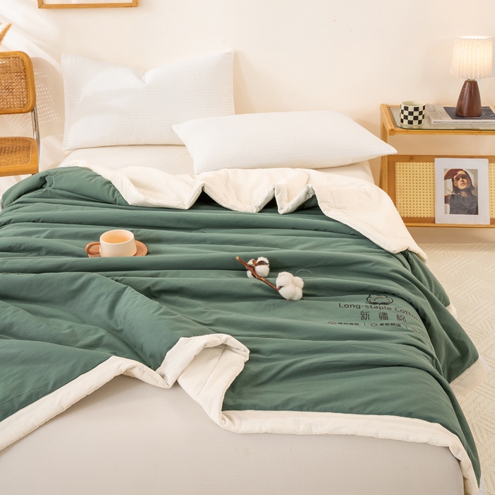 91家纺网 家纺一手货源 找家纺 梦初语 2025新款A类母婴水洗棉纯色双拼新疆棉花夏凉被可机洗直播爆单夏被 墨绿