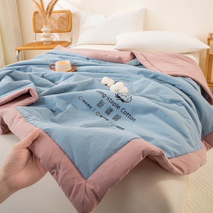 91家纺网 家纺一手货源 找家纺 梦初语 2025新款A类母婴水洗棉纯色双拼新疆棉花夏凉被可机洗直播爆单夏被 蓝灰