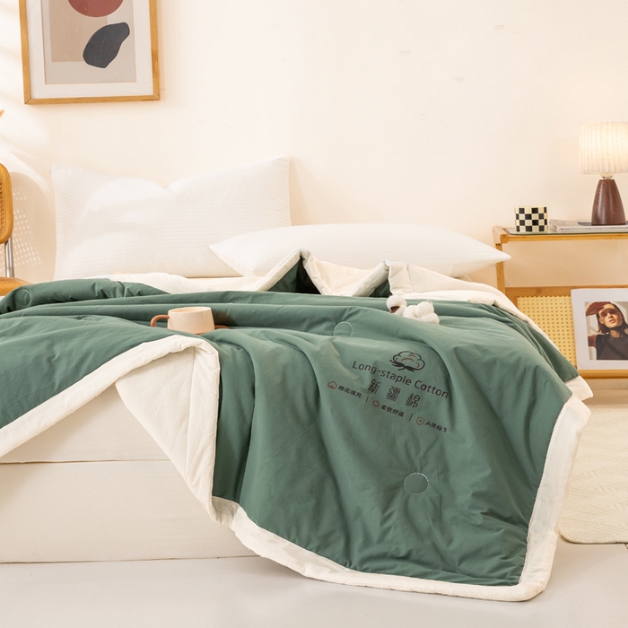 91家纺网 家纺一手货源 找家纺 梦初语 2025新款A类母婴水洗棉纯色双拼新疆棉花夏凉被可机洗直播爆单夏被 墨绿