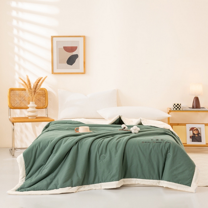91家纺网 家纺一手货源 找家纺 梦初语 2025新款A类母婴水洗棉纯色双拼新疆棉花夏凉被可机洗直播爆单夏被 墨绿