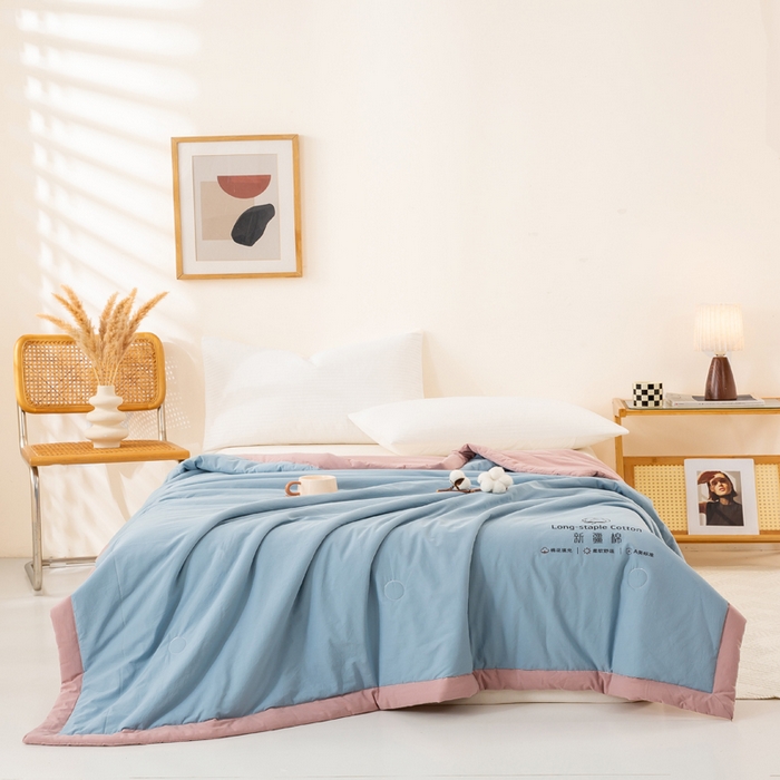 91家纺网 家纺一手货源 找家纺 梦初语 2025新款A类母婴水洗棉纯色双拼新疆棉花夏凉被可机洗直播爆单夏被 蓝灰