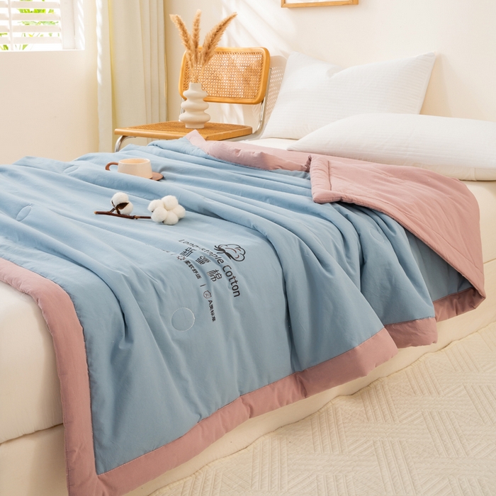 91家纺网 家纺一手货源 找家纺 梦初语 2025新款A类母婴水洗棉纯色双拼新疆棉花夏凉被可机洗直播爆单夏被 蓝灰