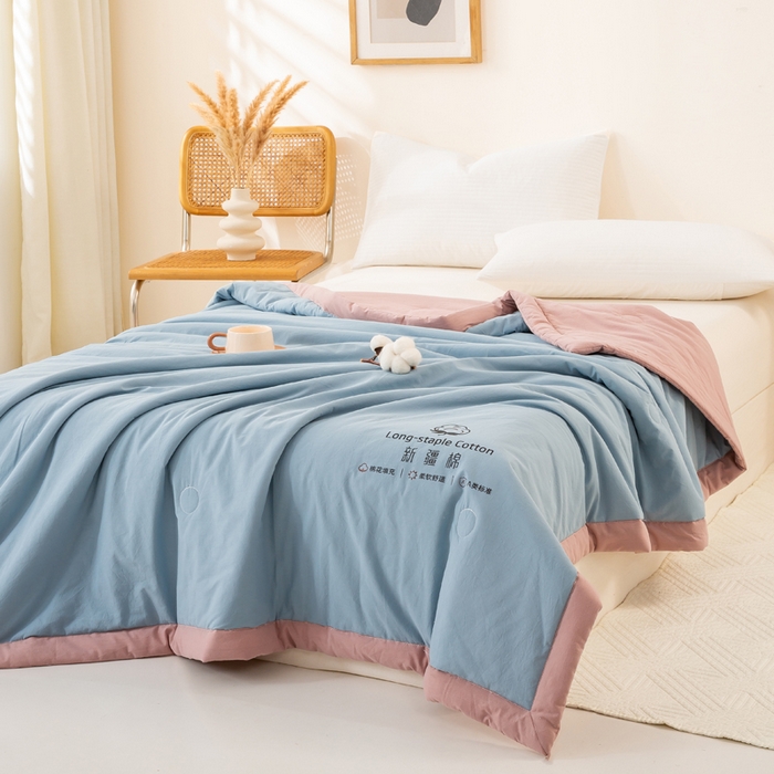 91家纺网 家纺一手货源 找家纺 梦初语 2025新款A类母婴水洗棉纯色双拼新疆棉花夏凉被可机洗直播爆单夏被 蓝灰