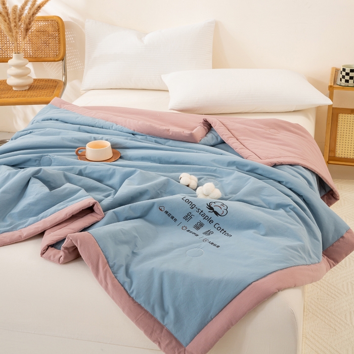 91家纺网 家纺一手货源 找家纺 梦初语 2025新款A类母婴水洗棉纯色双拼新疆棉花夏凉被可机洗直播爆单夏被 蓝灰