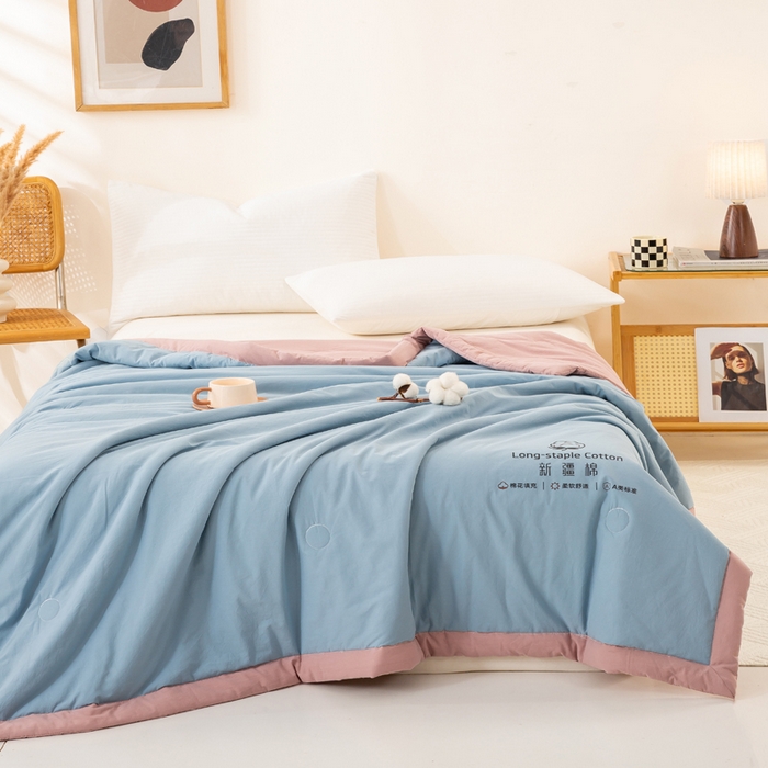 91家纺网 家纺一手货源 找家纺 梦初语 2025新款A类母婴水洗棉纯色双拼新疆棉花夏凉被可机洗直播爆单夏被 蓝灰