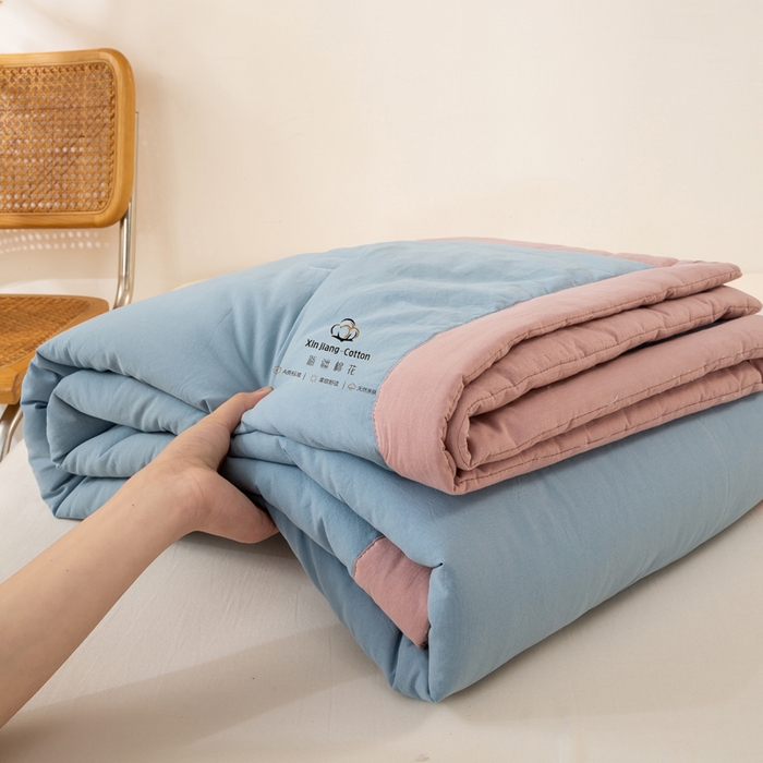 91家纺网 家纺一手货源 找家纺 梦初语 2025新款A类母婴水洗棉纯色双拼新疆棉花夏凉被可机洗直播爆单夏被 蓝灰