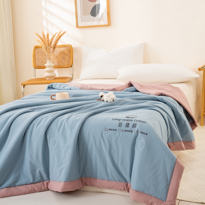 91家纺网 家纺一手货源 找家纺 梦初语 2025新款A类母婴水洗棉纯色双拼新疆棉花夏凉被可机洗直播爆单夏被 蓝灰