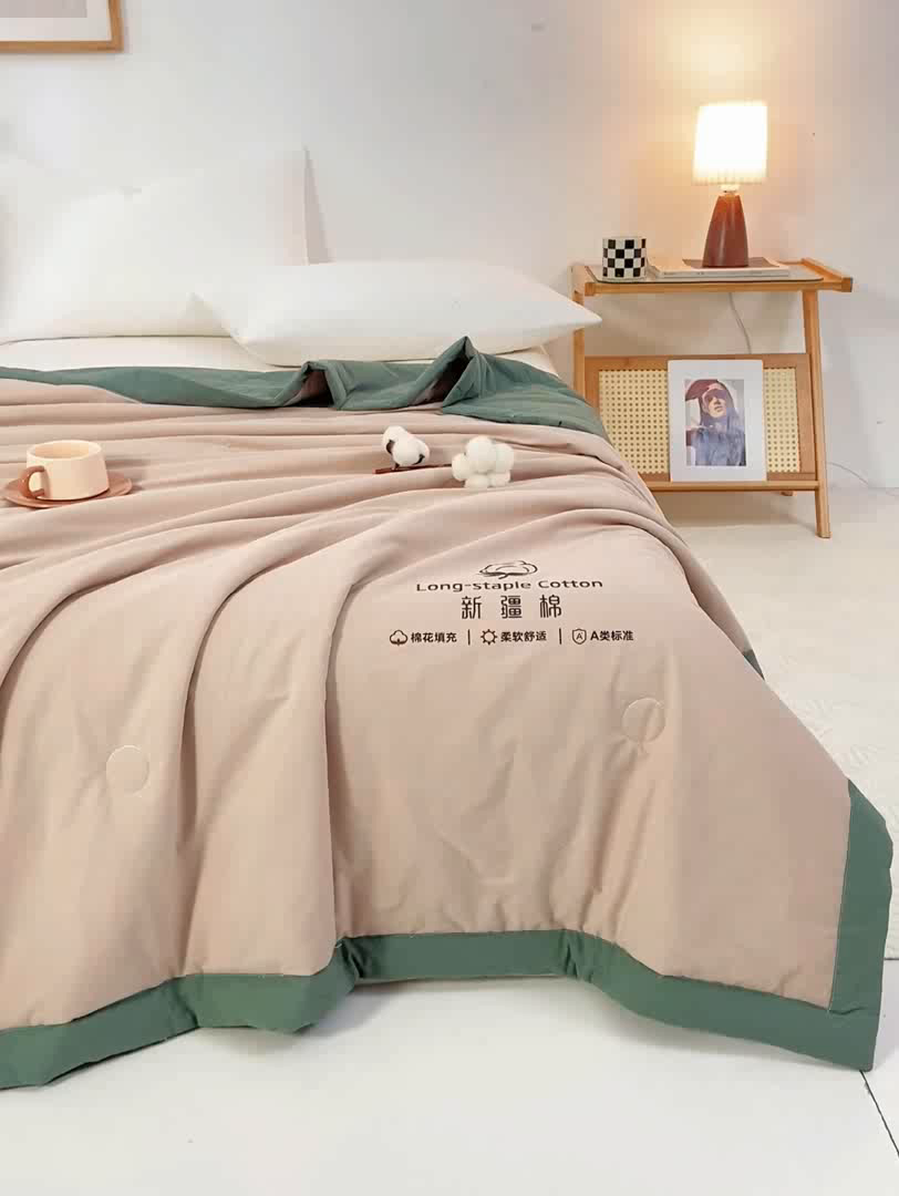 91家纺网 家纺一手货源 找家纺 梦初语 2025新款A类母婴水洗棉纯色双拼新疆棉花夏凉被可机洗直播爆单夏被 卡其