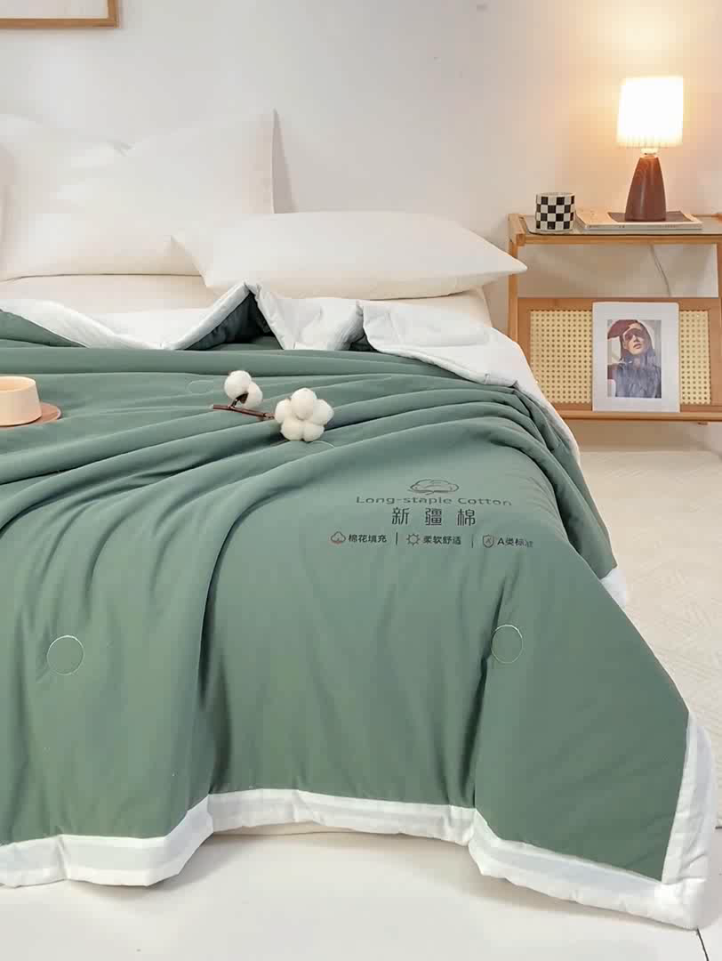 91家纺网 家纺一手货源 找家纺 梦初语 2025新款A类母婴水洗棉纯色双拼新疆棉花夏凉被可机洗直播爆单夏被 墨绿