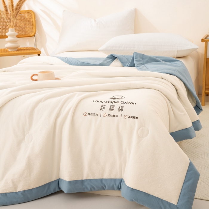 91家纺网 家纺一手货源 找家纺 梦初语 2025新款A类母婴水洗棉纯色双拼新疆棉花夏凉被可机洗直播爆单夏被 奶白